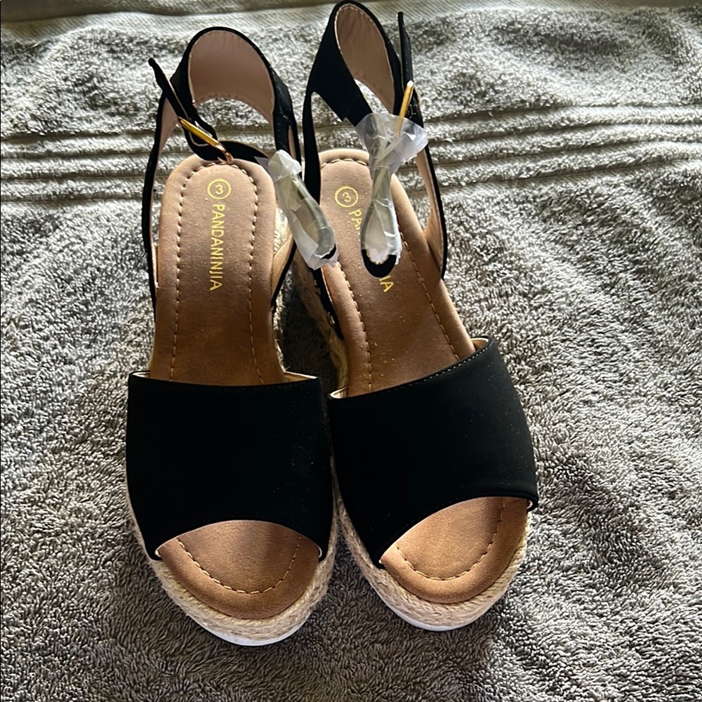 Black Wedge Shoes with Synthetic Upper and Cushioned Footbed